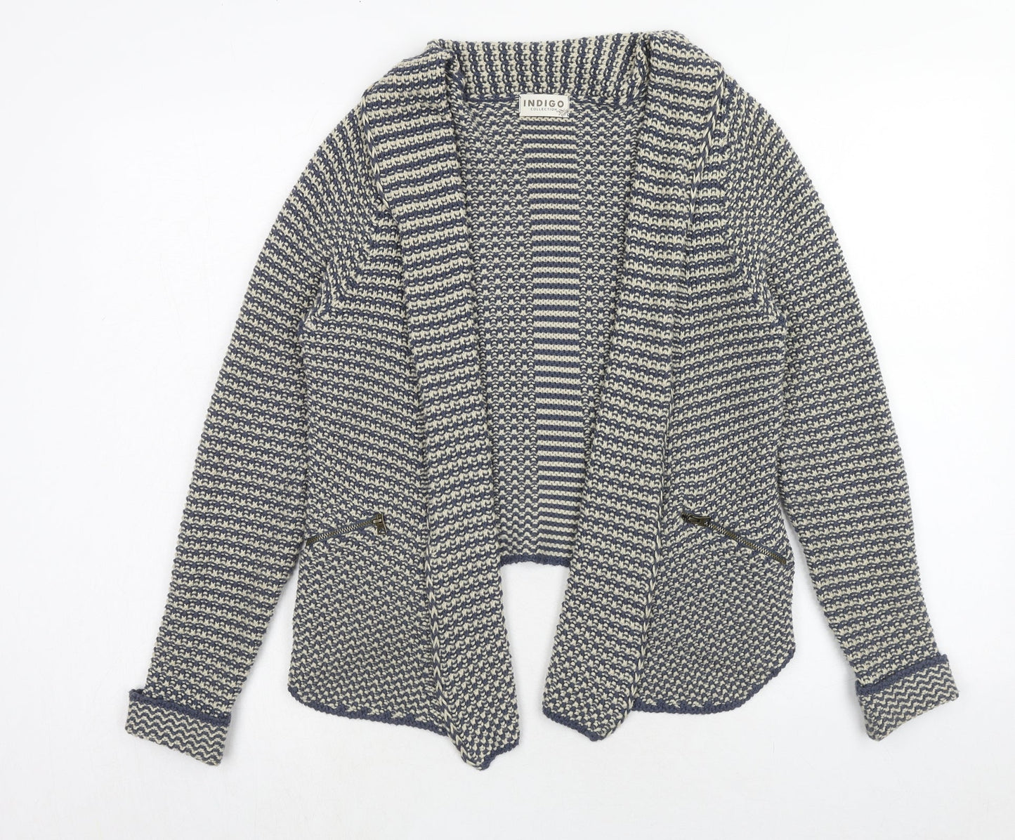 Indigo Womens Blue V-Neck Geometric Cotton Cardigan Jumper Size 8
