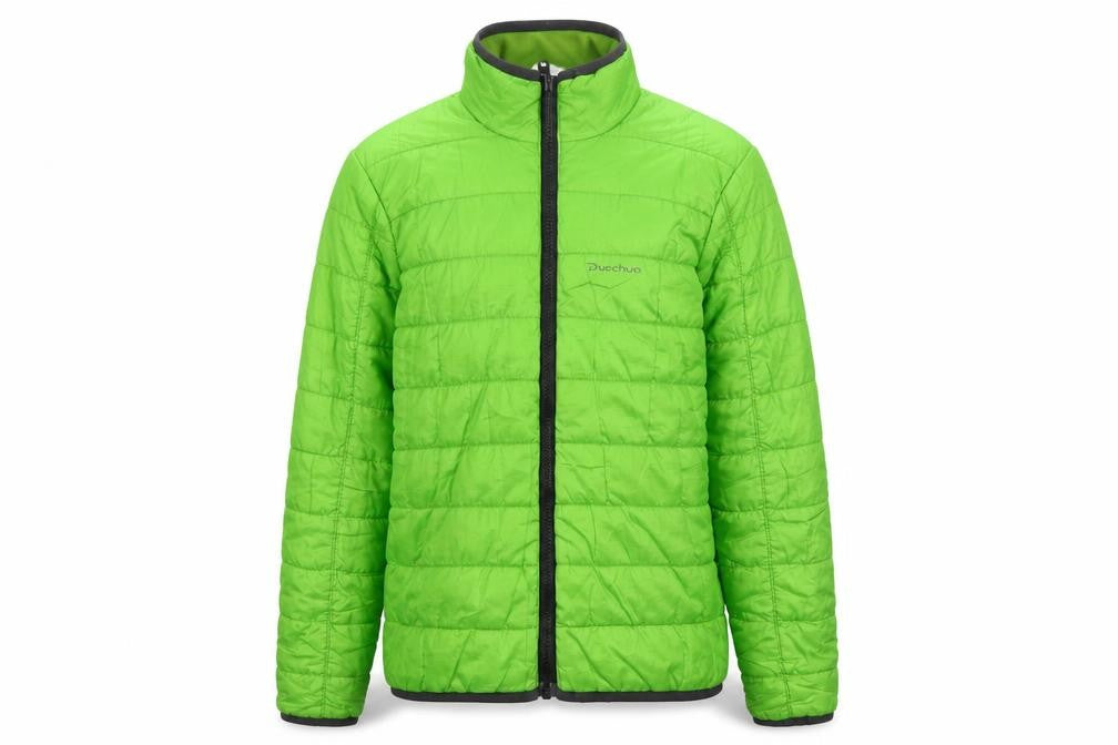 Front view of Quechua boys’ green quilted jacket, size 12, years zip