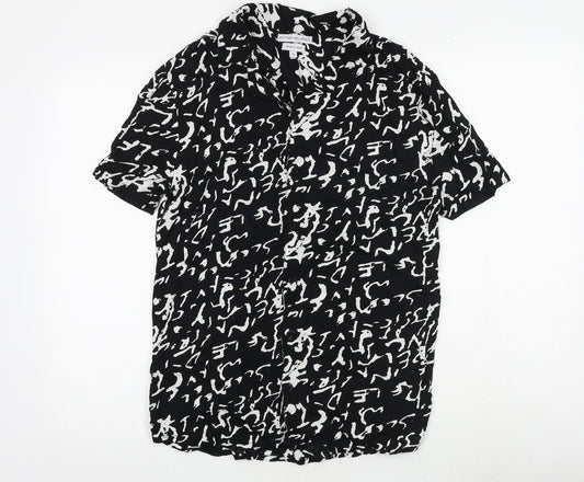 Another Influence Mens Black Geometric Viscose Button-Up Size S Collared Button