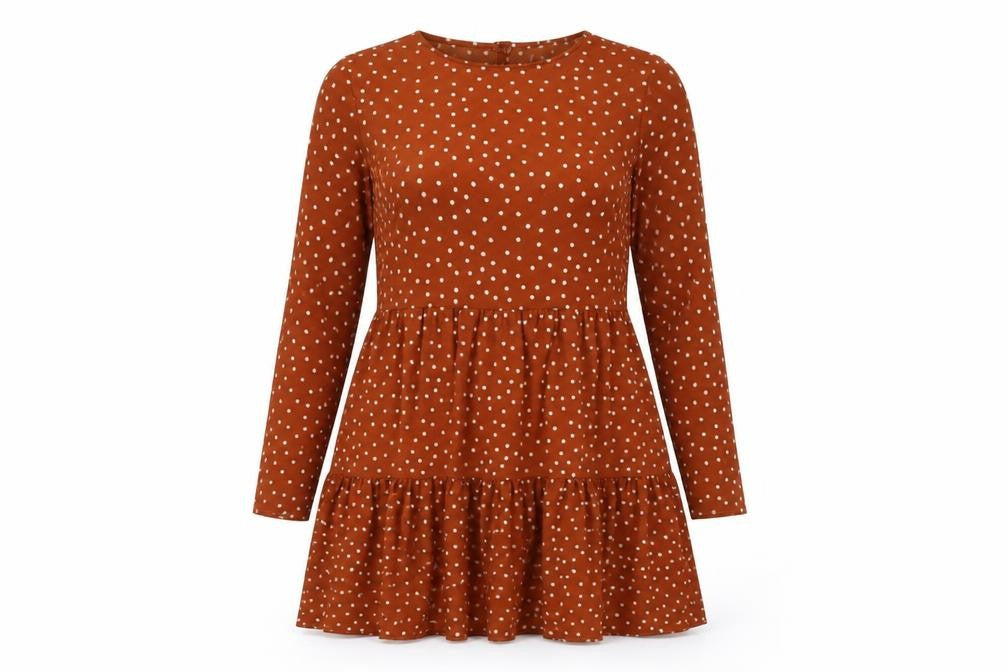 Front view of ASOS women’s brown polka dot polyester skater dress, size UK 8, round neck button
