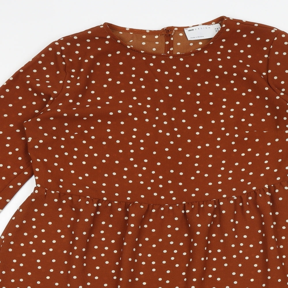 ASOS Womens Brown Polka Dot Polyester Skater Dress Size 8 Round Neck Button