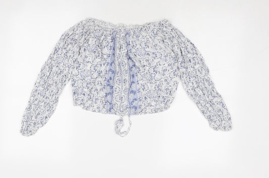 Hollister Womens Blue Floral Viscose Cropped Blouse Size XS Off the Shoulder