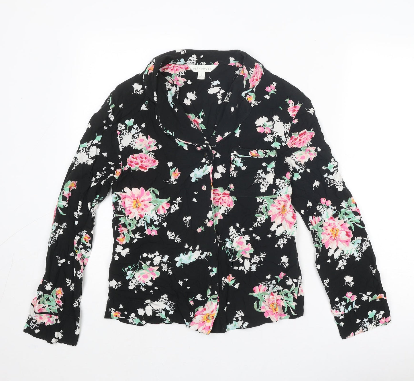 Marks and Spencer Womens Black Floral Viscose Basic Button-Up Size 6 Collared