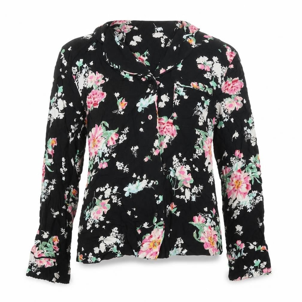 Marks and Spencer Womens Black Floral Viscose Basic Button-Up Size 6 Collared