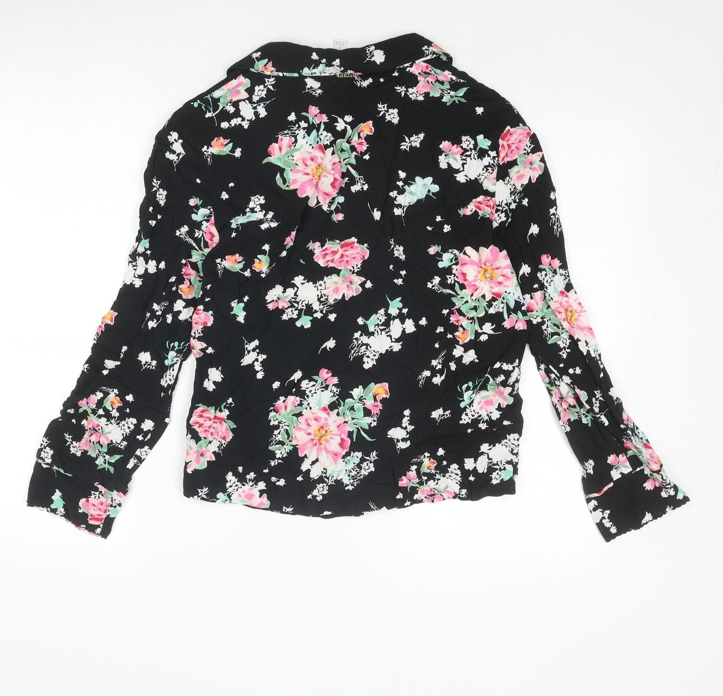 Marks and Spencer Womens Black Floral Viscose Basic Button-Up Size 6 Collared