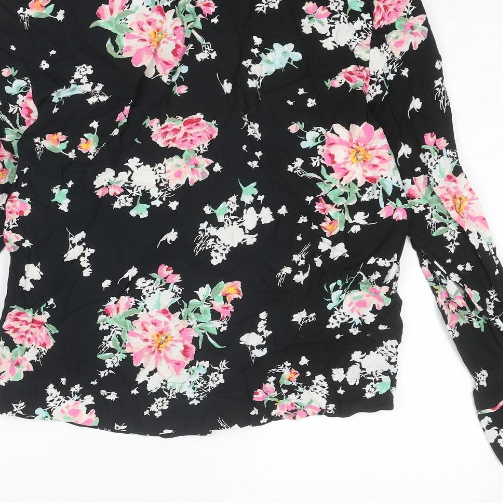 Marks and Spencer Womens Black Floral Viscose Basic Button-Up Size 6 Collared