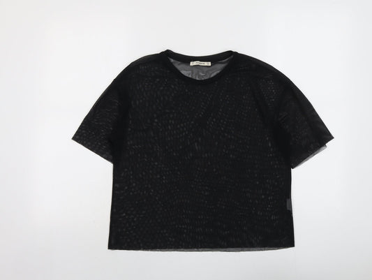 Pull&Bear Womens Black Polyester Basic T-Shirt Size S Round Neck