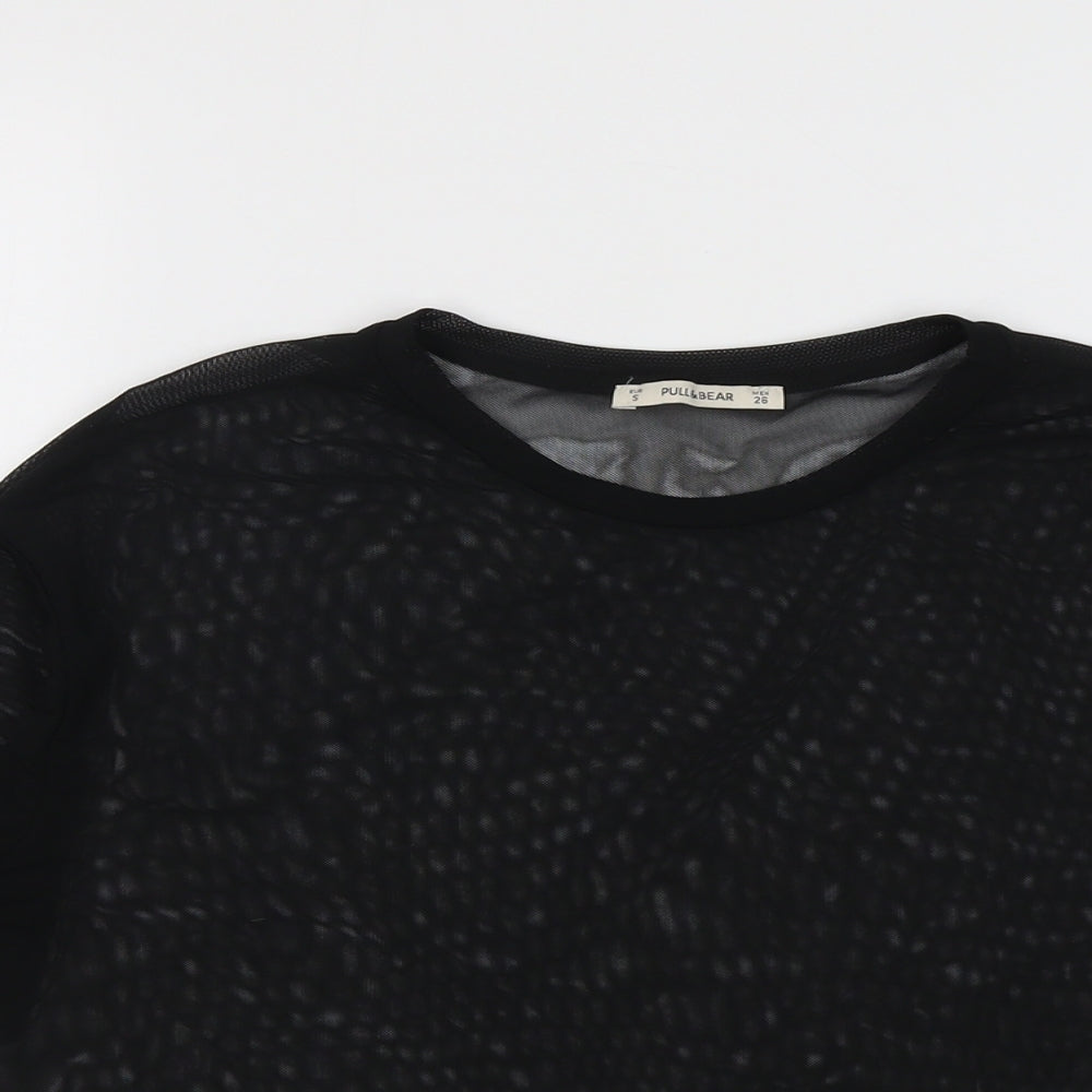 Pull&Bear Womens Black Polyester Basic T-Shirt Size S Round Neck