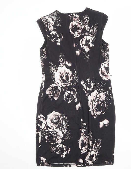 Precis Womens Black Floral Viscose Shift Size 14 V-Neck Zip