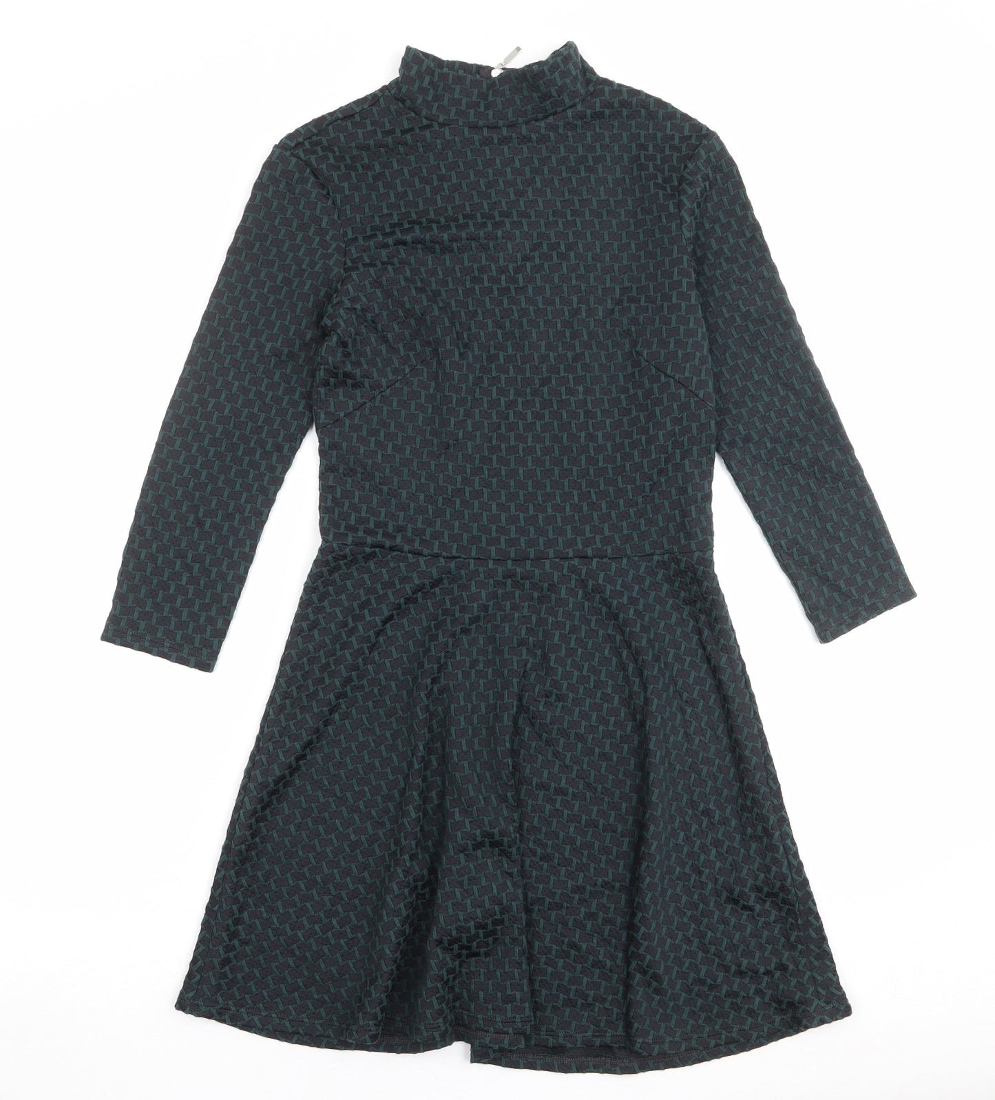 H&M Womens Green Geometric Cotton Skater Dress Size S Mock Neck Zip