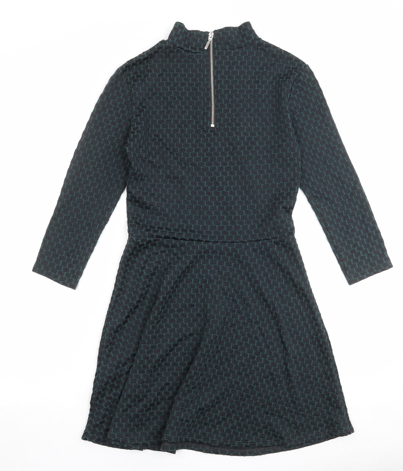 H&M Womens Green Geometric Cotton Skater Dress Size S Mock Neck Zip