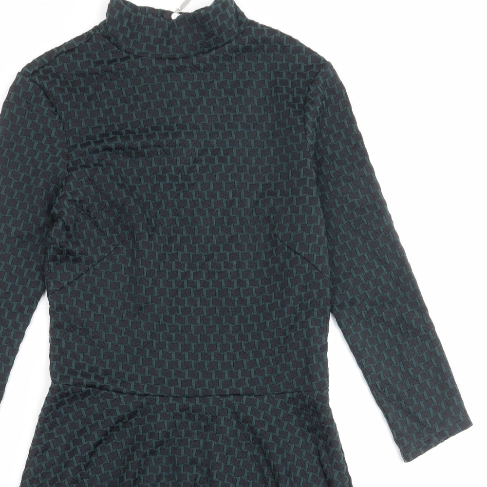 H&M Womens Green Geometric Cotton Skater Dress Size S Mock Neck Zip