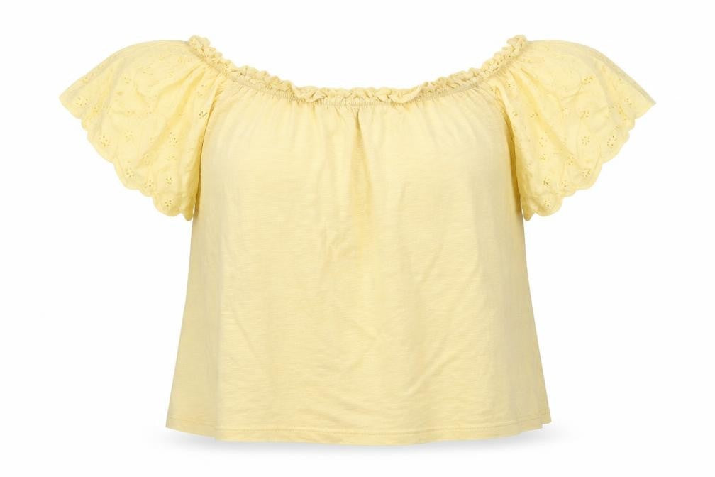 Dorothy Perkins Womens Yellow Cotton Basic Blouse Size M Round Neck - Broderie Anglaise Detail