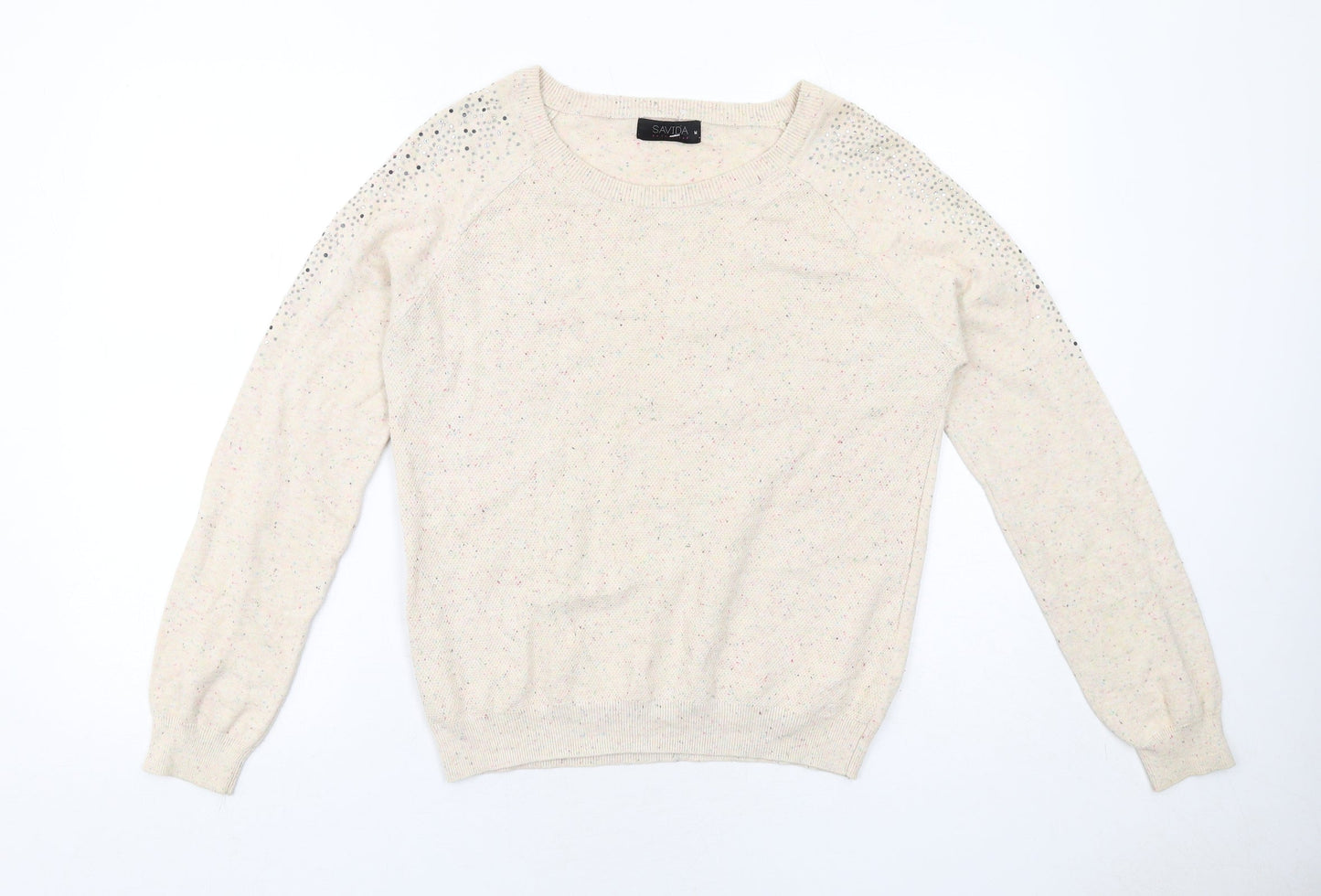 Savida Womens Ivory Round Neck Cotton Pullover Jumper Size M