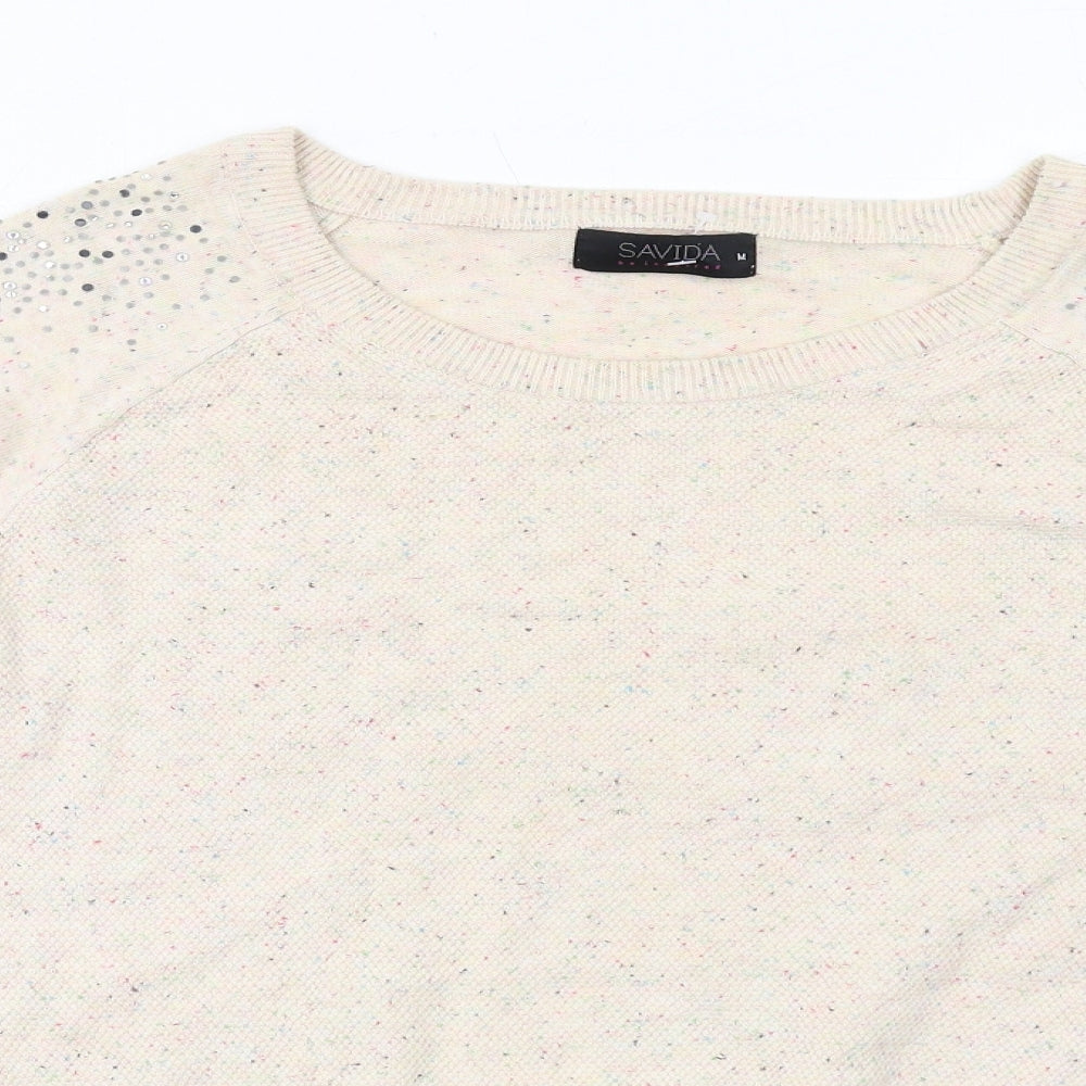 Savida Womens Ivory Round Neck Cotton Pullover Jumper Size M