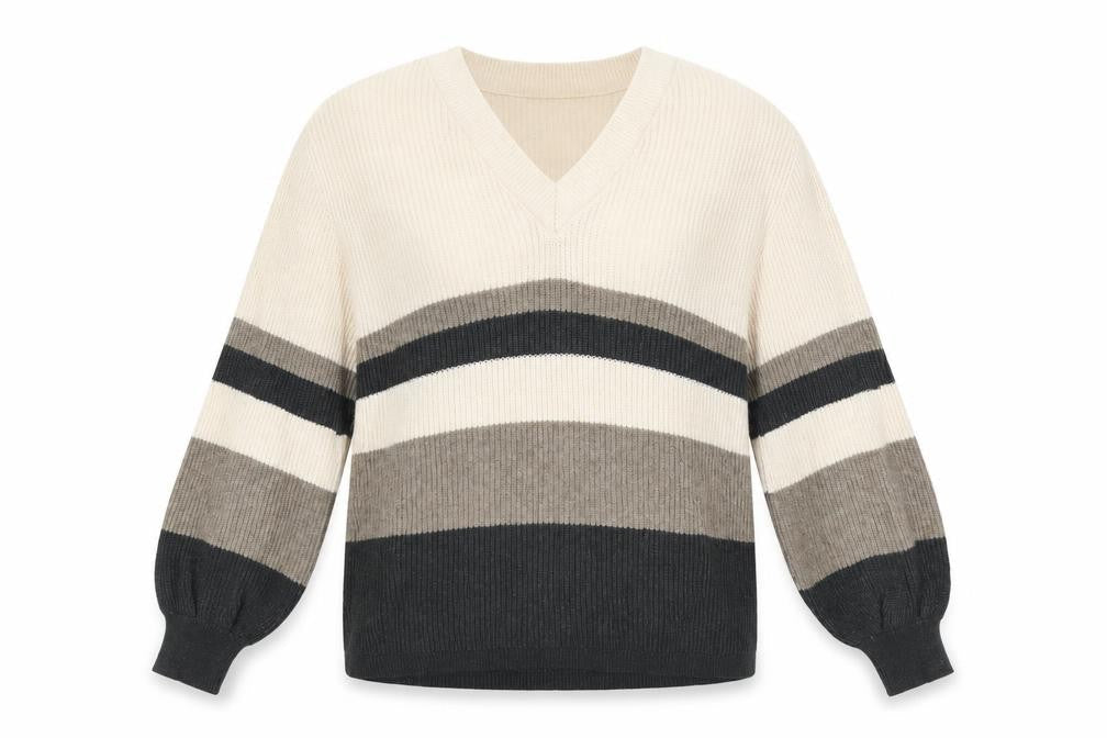 Front view of Object women’s beige v-neck geometric viscose jumper, size S, - colourblock