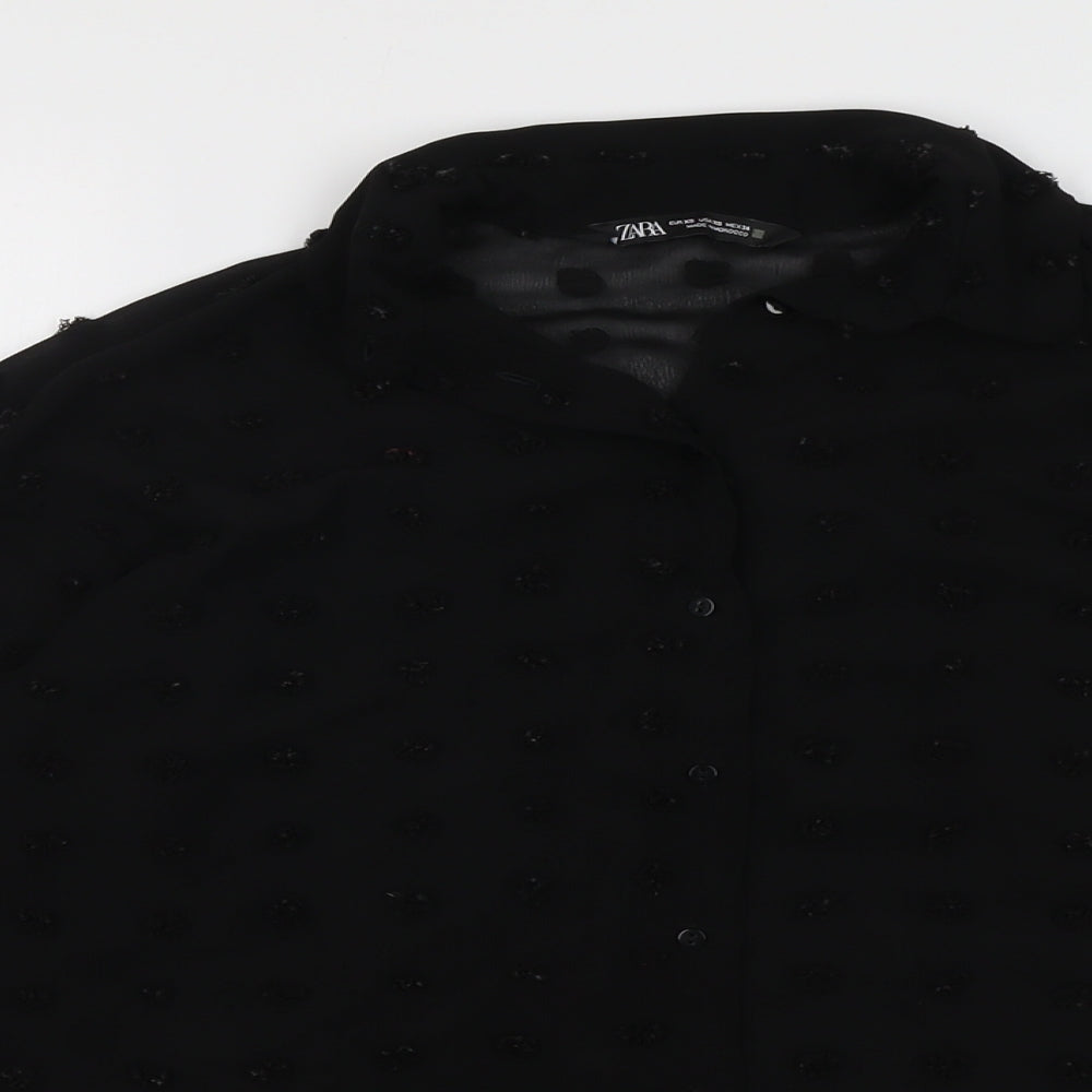 Zara Womens Black Polyester Basic Button-Up Size XS Collared
