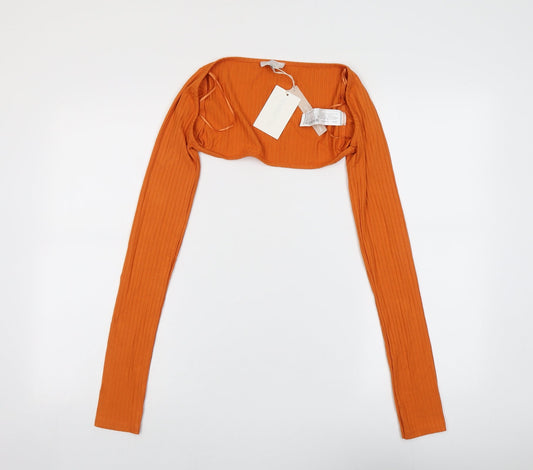 Pull&Bear Womens Orange Viscose Cropped Blouse Size M V-Neck - Ribbed