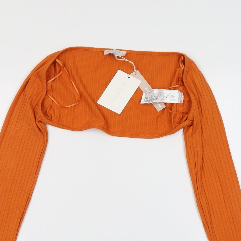 Pull&Bear Womens Orange Viscose Cropped Blouse Size M V-Neck - Ribbed