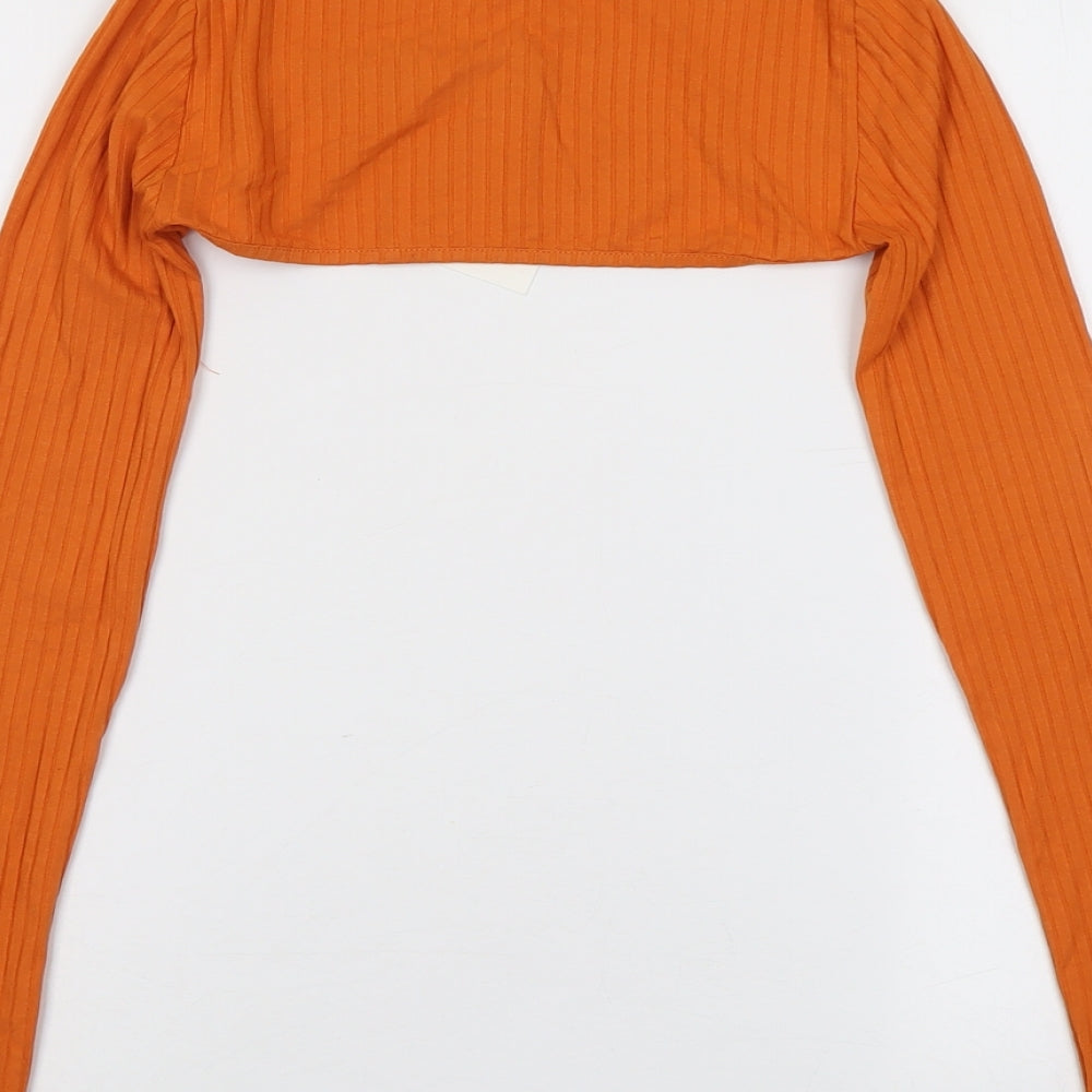 Pull&Bear Womens Orange Viscose Cropped Blouse Size M V-Neck - Ribbed
