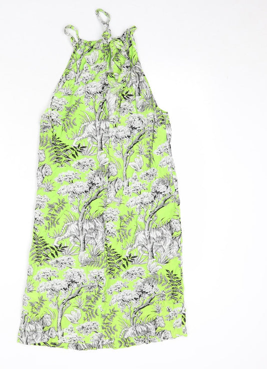 Warehouse Womens Green Geometric Viscose A-Line Size 8 Round Neck Tie - Wild Cat Print
