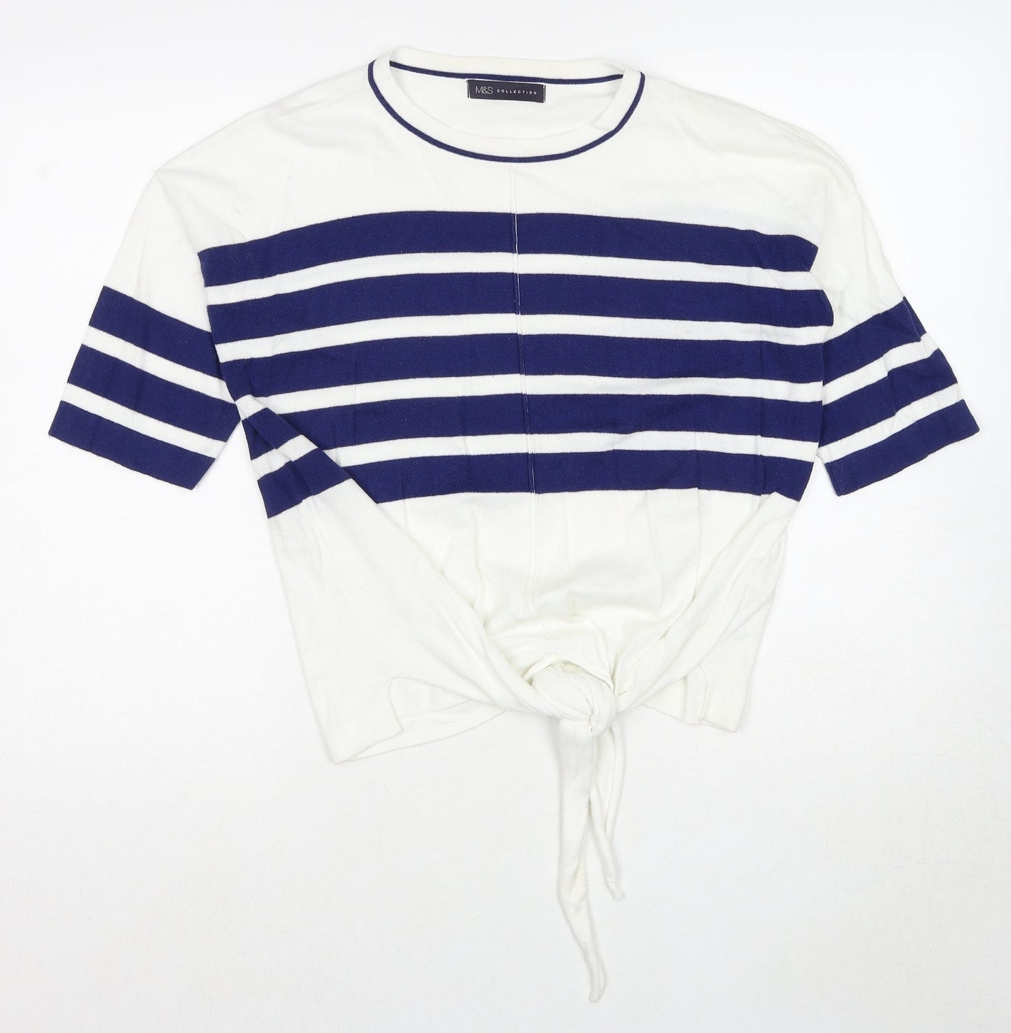 Marks and Spencer Womens White Round Neck Striped Cotton Pullover Jumper Size S - Knot Front