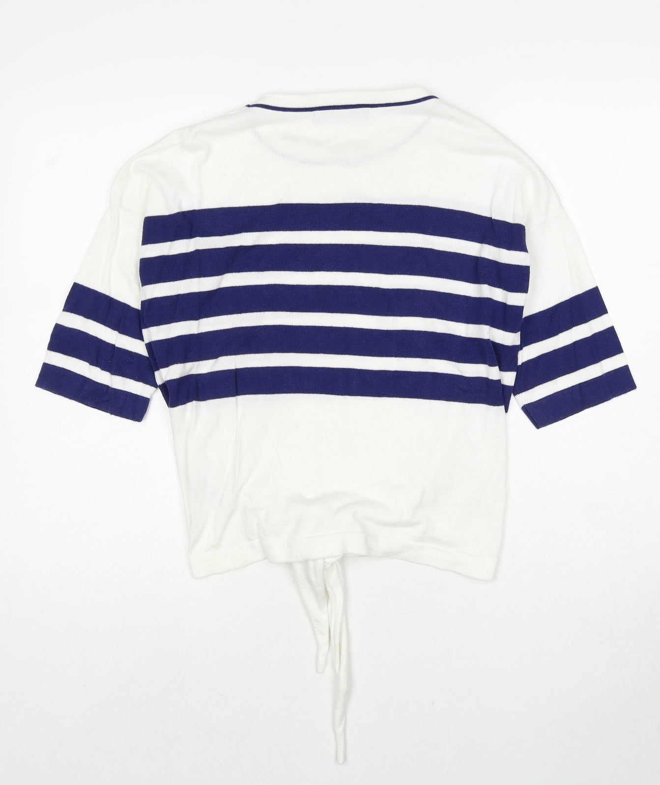 Marks and Spencer Womens White Round Neck Striped Cotton Pullover Jumper Size S - Knot Front