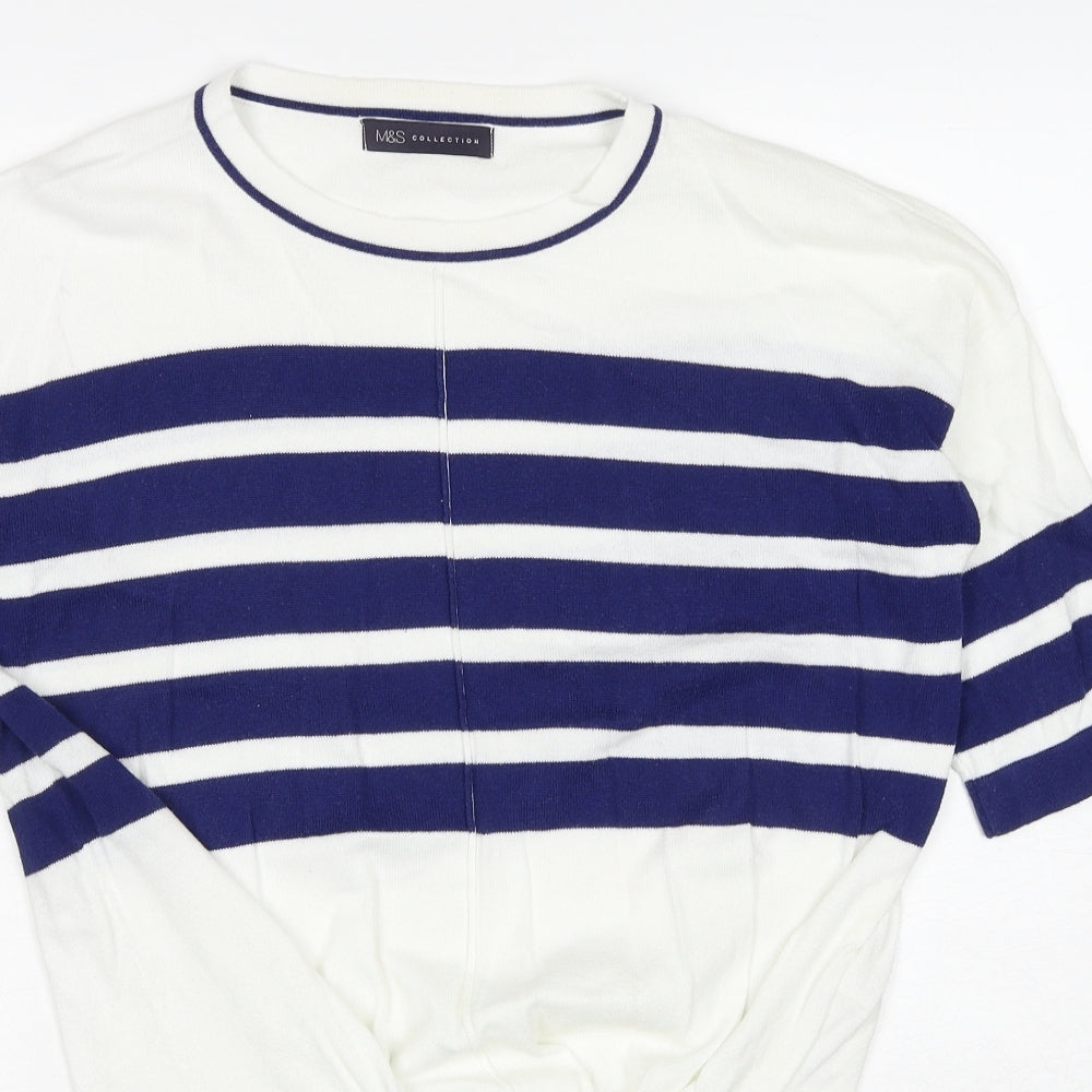 Marks and Spencer Womens White Round Neck Striped Cotton Pullover Jumper Size S - Knot Front