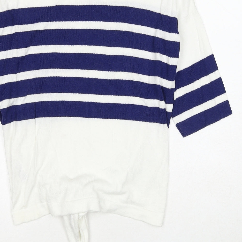 Marks and Spencer Womens White Round Neck Striped Cotton Pullover Jumper Size S - Knot Front