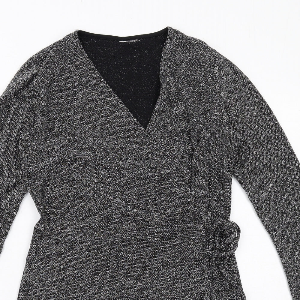 H&M Womens Grey Polyamide Wrap Dress Size M V-Neck Tie