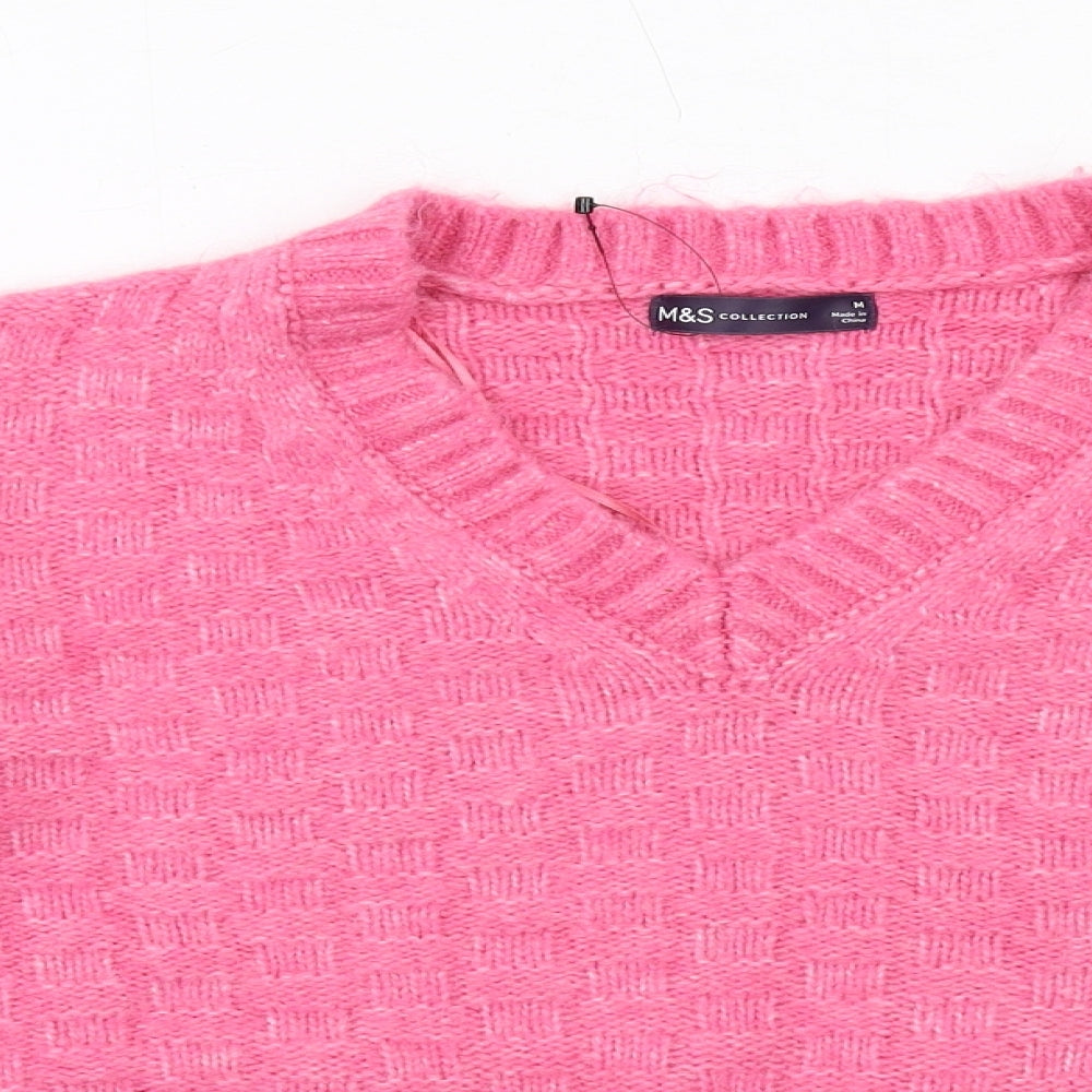 Marks and Spencer Womens Pink V-Neck Acrylic Pullover Jumper Size M - Textured