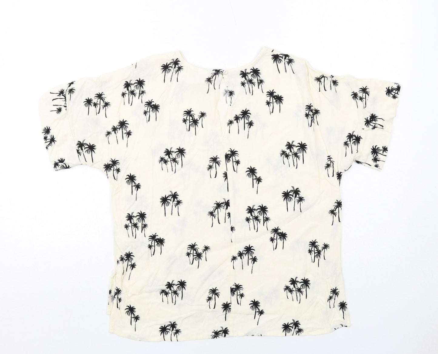 H&M Womens Ivory Geometric Viscose Basic Blouse Size 10 Round Neck - Palm Trees