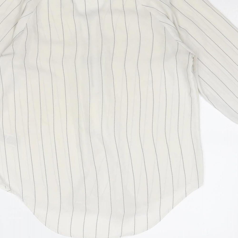 Marks and Spencer Womens White Striped Polyester Basic Blouse Size 8 V-Neck
