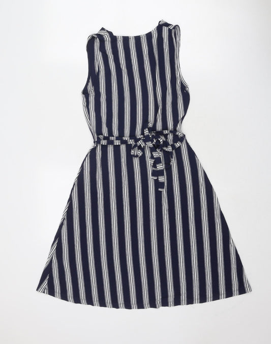 Warehouse Womens Blue Striped Viscose Trapeze & Swing Size 8 V-Neck Pullover