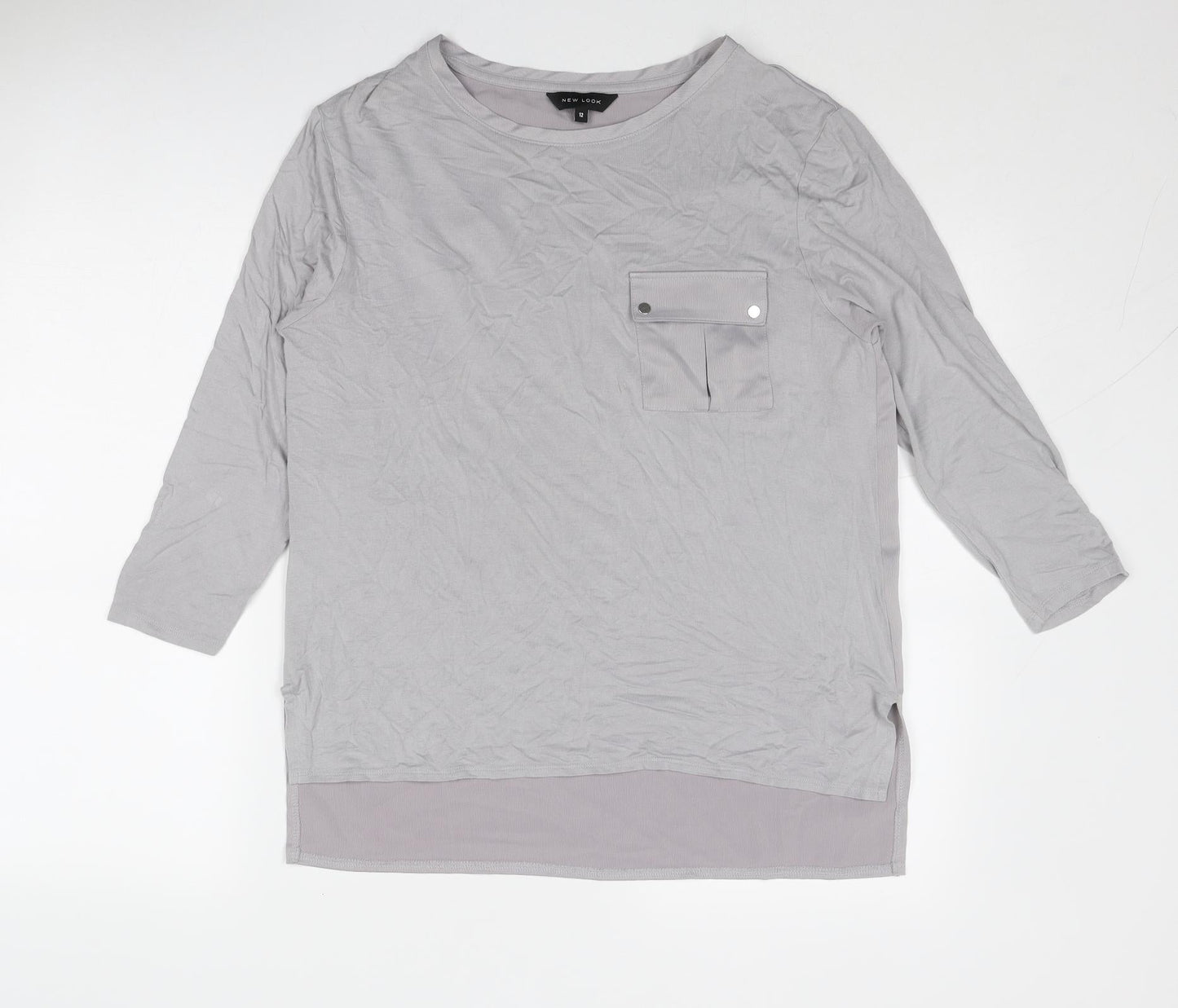 New Look Womens Grey Viscose Basic Blouse Size 12 Round Neck