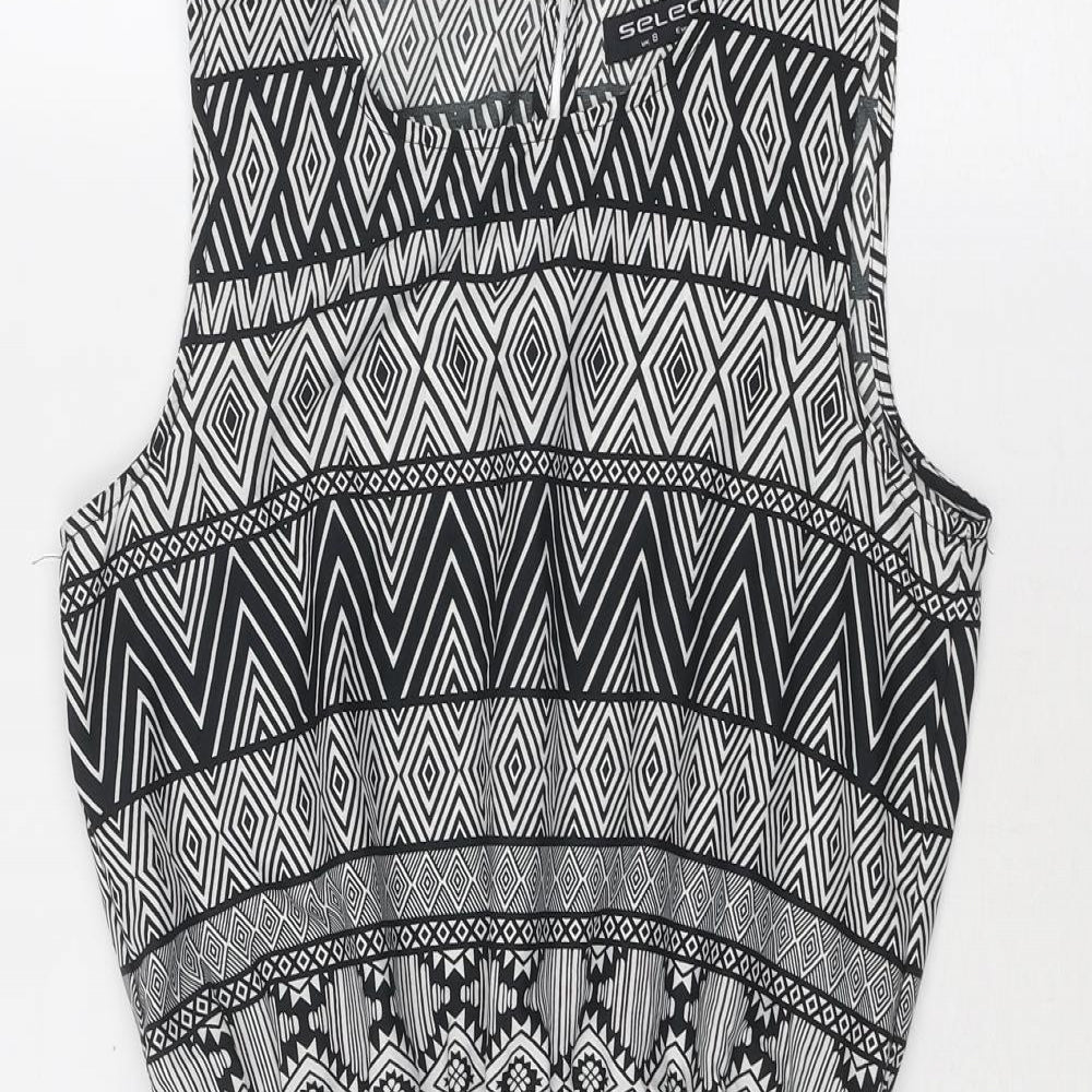 Select Womens Black Geometric Polyester Skater Dress Size 8 Round Neck Button
