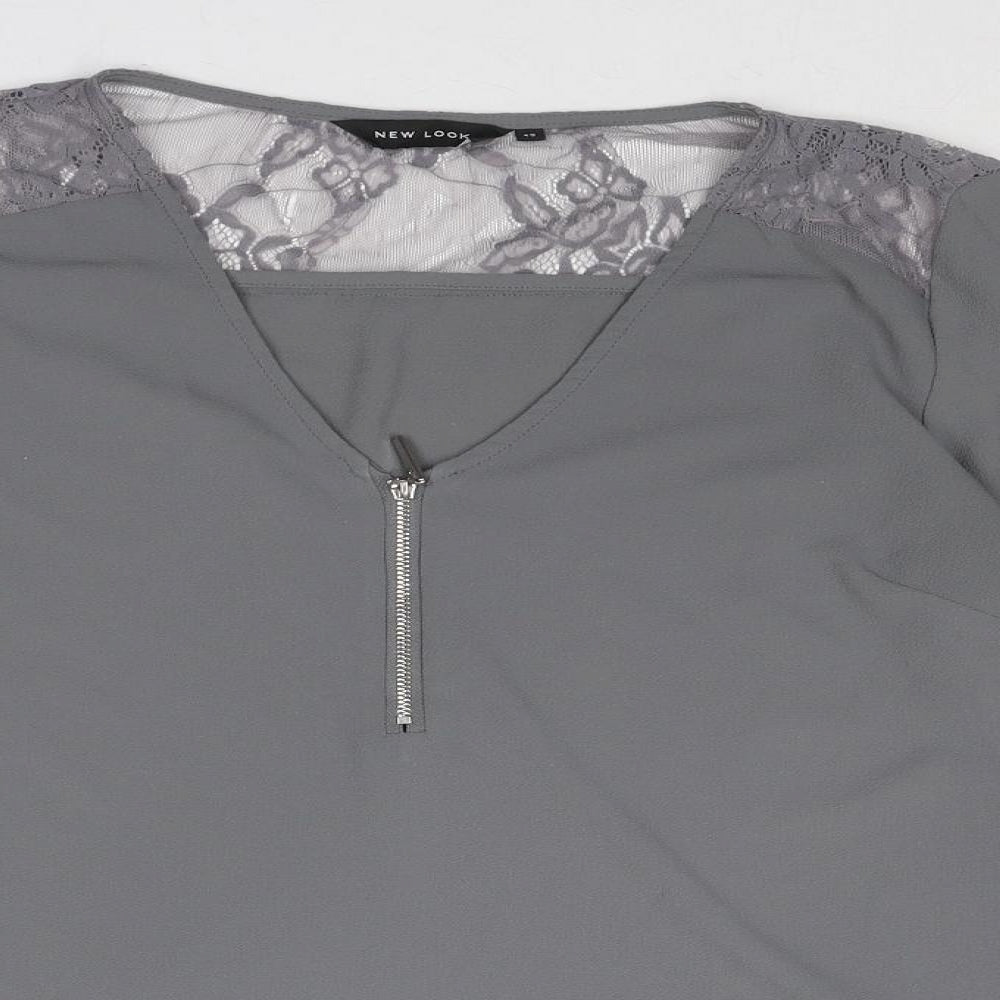 New Look Womens Grey Polyester Basic Blouse Size 12 V-Neck - Lace Detail