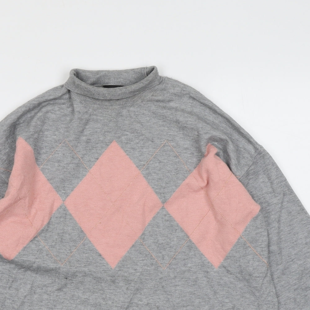 Dorothy Perkins Womens Grey Mock Neck Argyle/Diamond Viscose Pullover Jumper Size 14