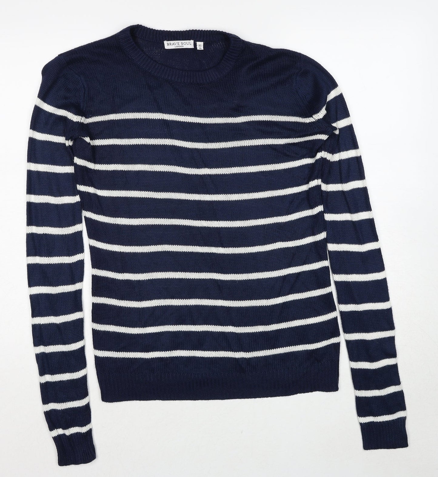 Brave Soul Womens Blue Round Neck Striped Acrylic Pullover Jumper Size 10