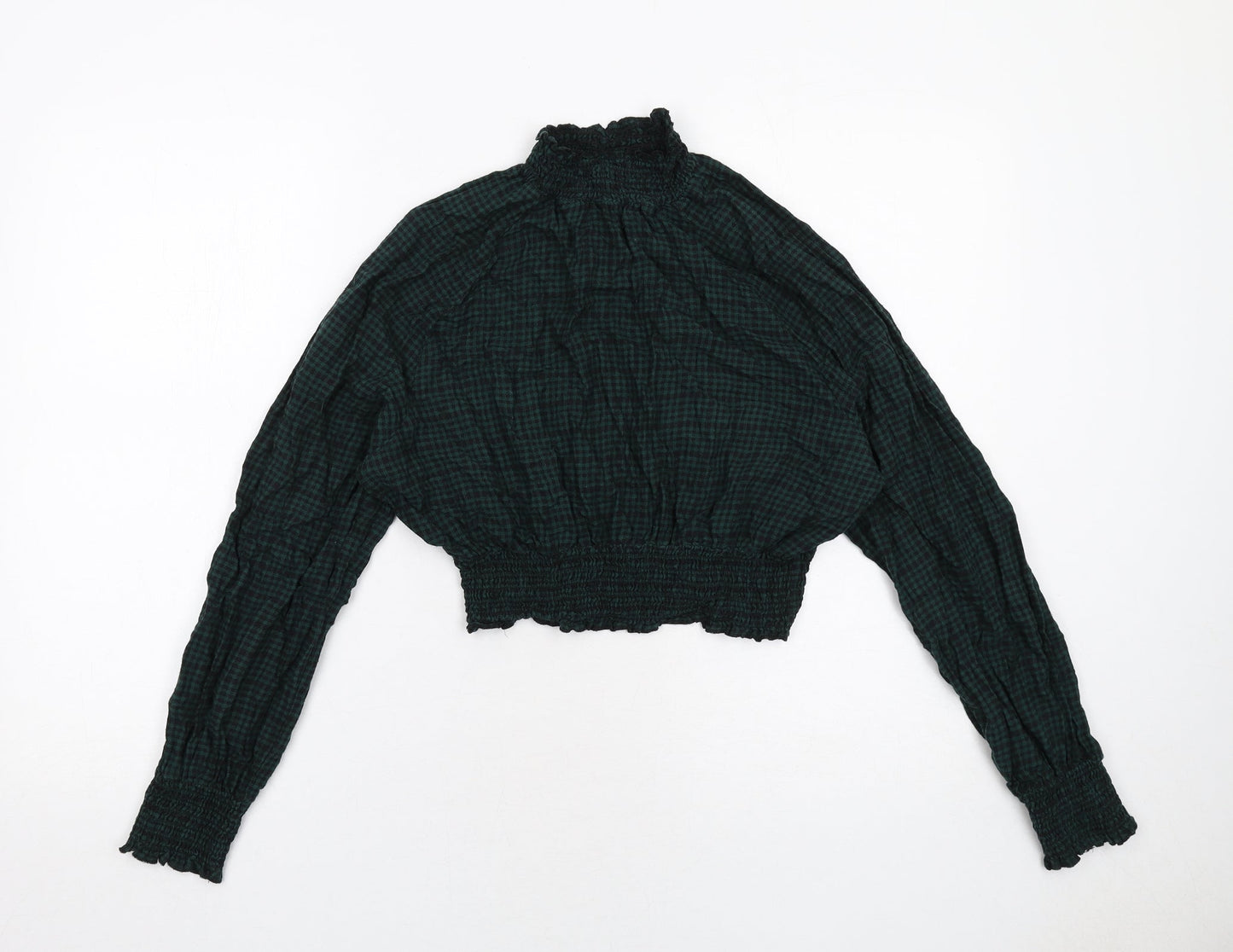 Monki Womens Green Geometric Cotton Basic Blouse Size S Mock Neck