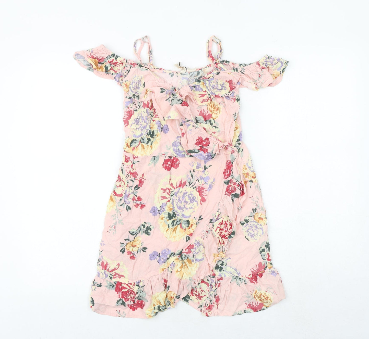 H&M Womens Pink Floral Polyester Skater Dress Size 8 Off the Shoulder Pullover - Frill Straps