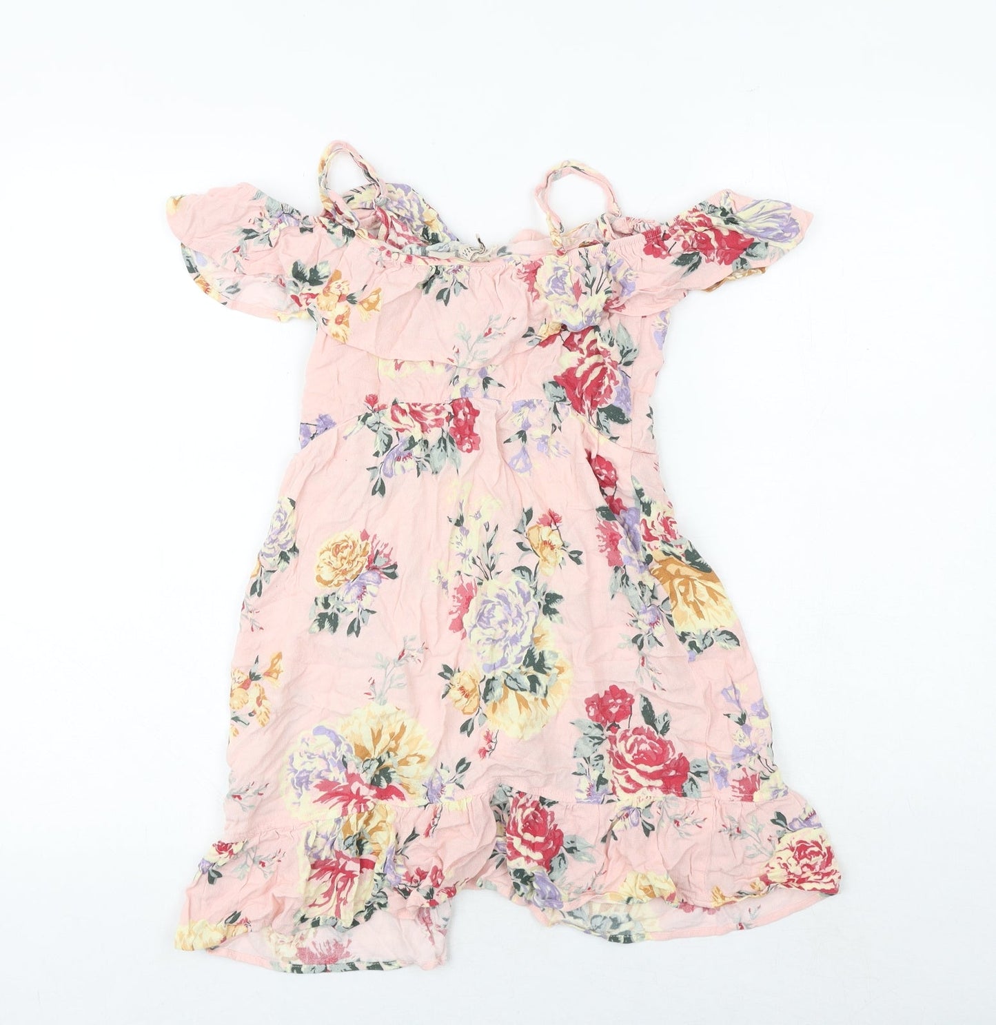 H&M Womens Pink Floral Polyester Skater Dress Size 8 Off the Shoulder Pullover - Frill Straps