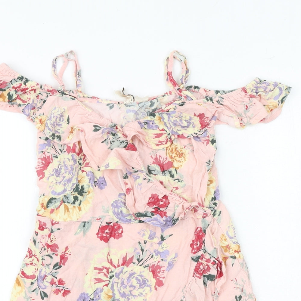 H&M Womens Pink Floral Polyester Skater Dress Size 8 Off the Shoulder Pullover - Frill Straps
