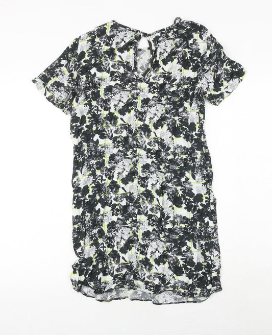 Miss Selfridge Womens Black Floral Viscose Shift Size 10 Round Neck Button