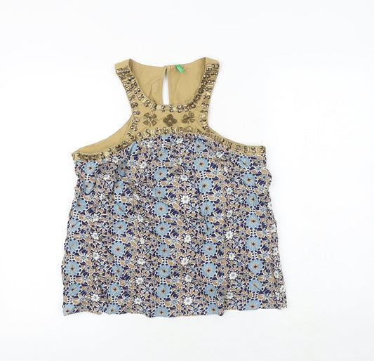 United Colors of Benetton Womens Brown Geometric Viscose Basic Tank Size S Round Neck