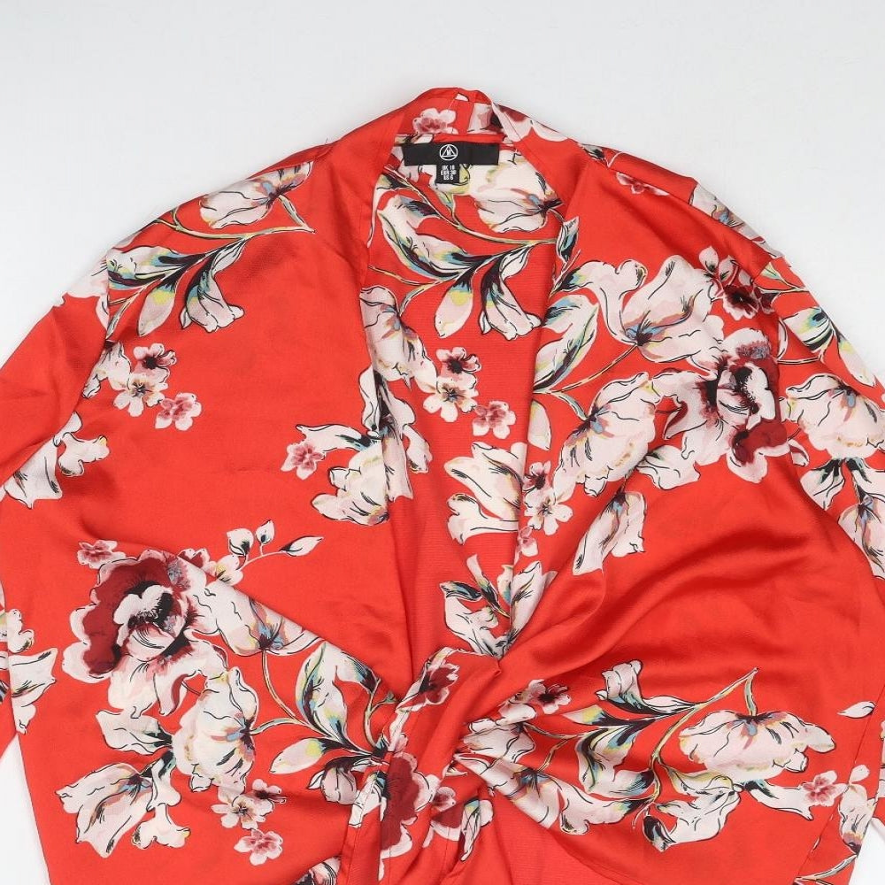 Missguided Womens Red Floral Polyester Basic Blouse Size 10 V-Neck - Tie Front