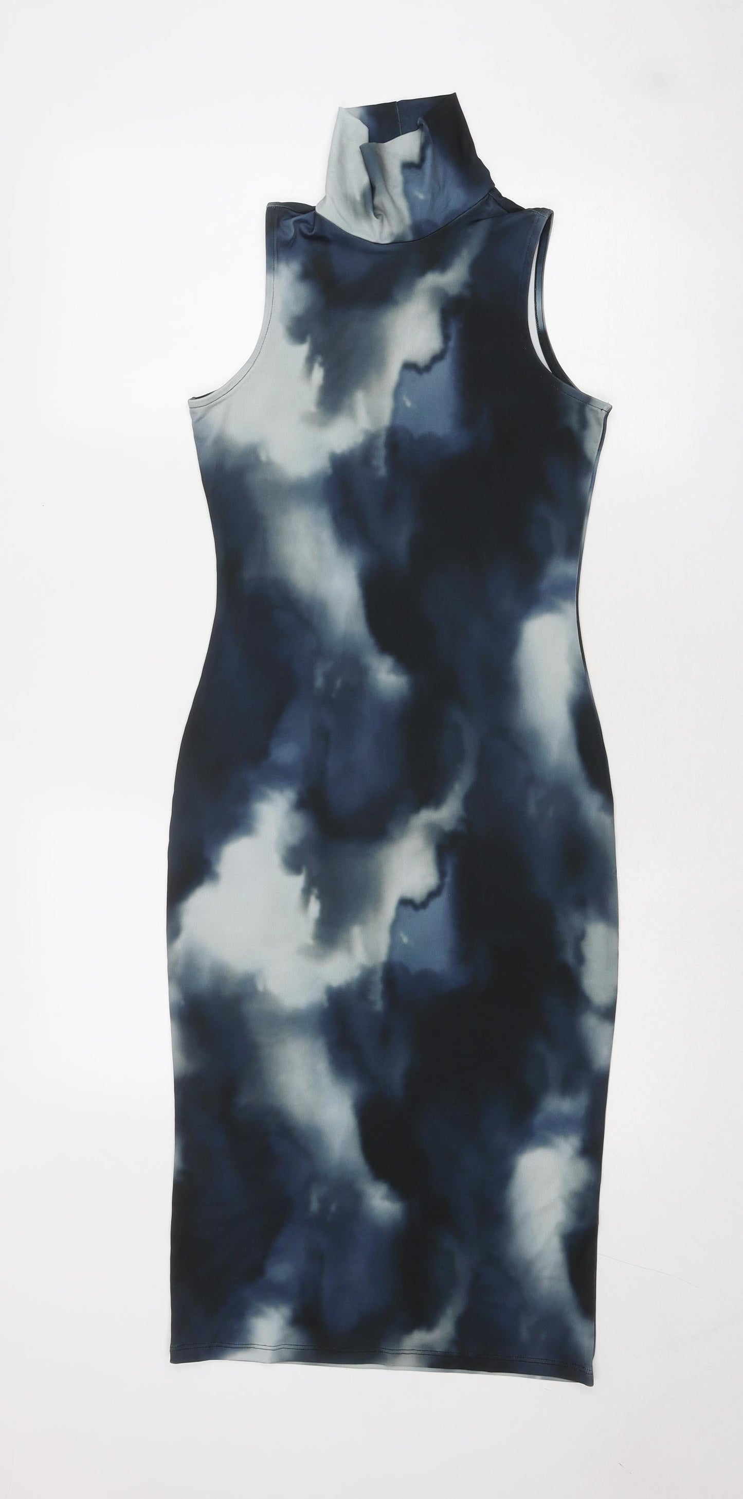 H&M Womens Blue Geometric Polyester Bodycon Size XS High Neck Pullover