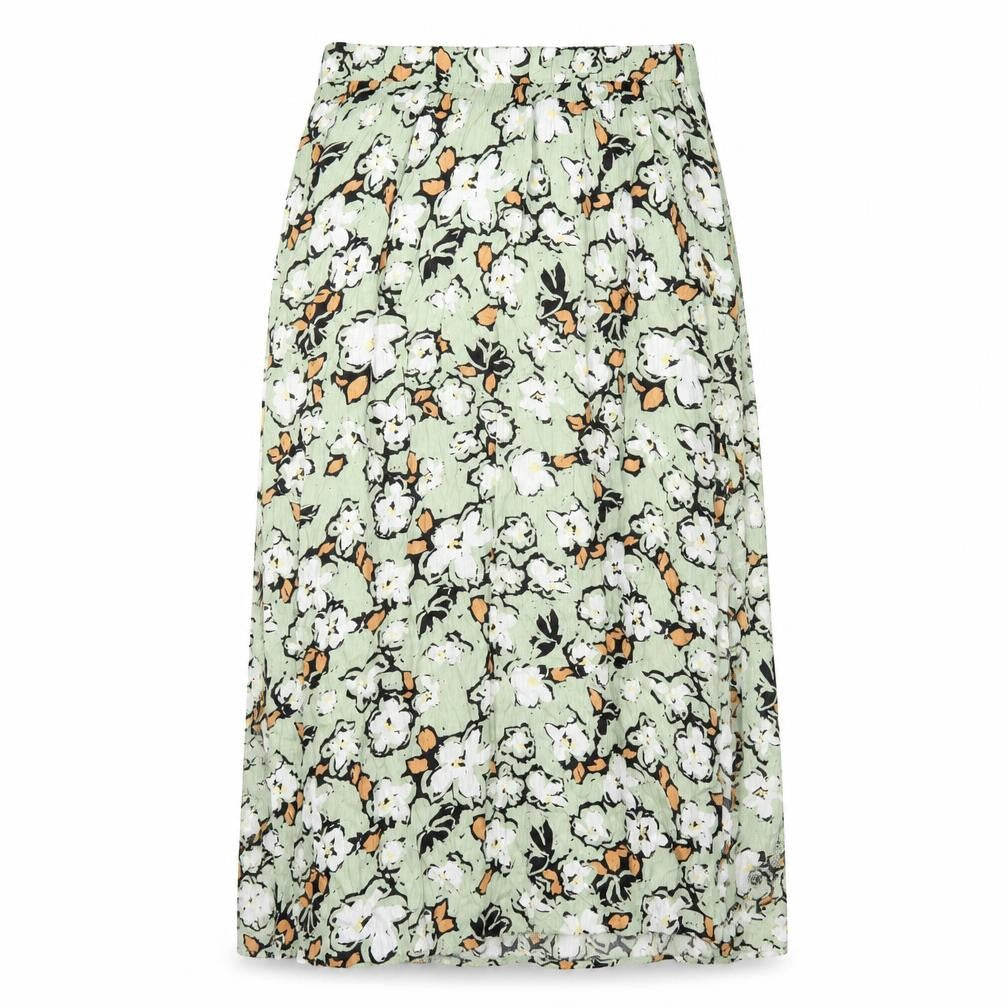 Front view of ICHI women’s green floral viscose peasant skirt, size UK 34, in