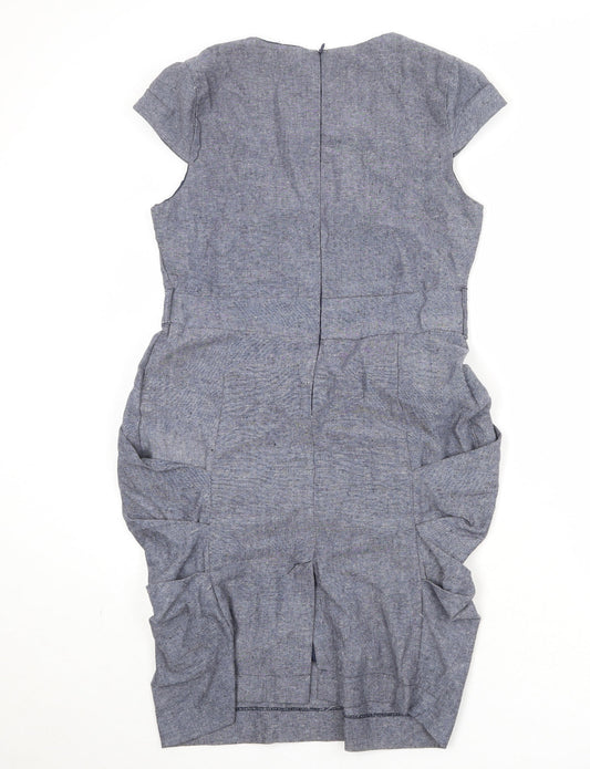 Heaven Womens Grey Cotton Pencil Dress Size 12 Square Neck Zip - Draped Detail
