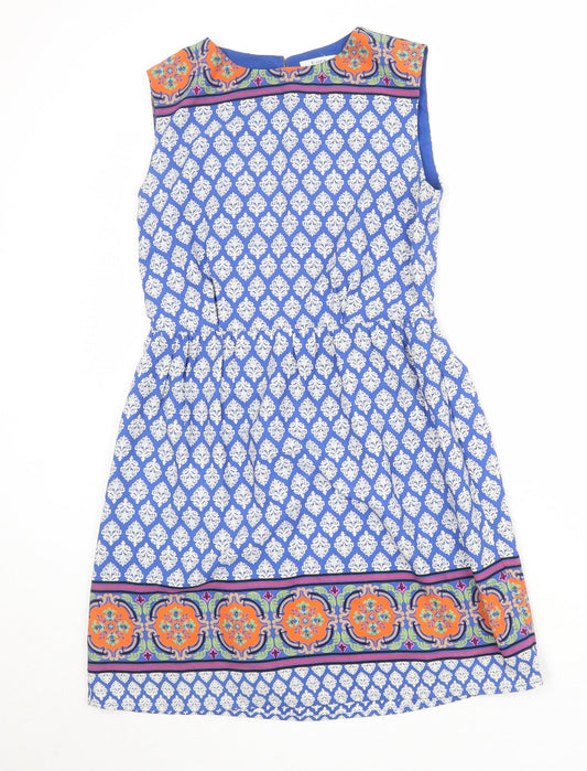 Esley Womens Blue Geometric Polyester A-Line Size M Round Neck Zip
